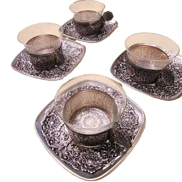 4 Vintage Pewter Saucer Tea Coffee Cups Floral Flower Glass Mug Dining Dinner - Picture 6 of 13